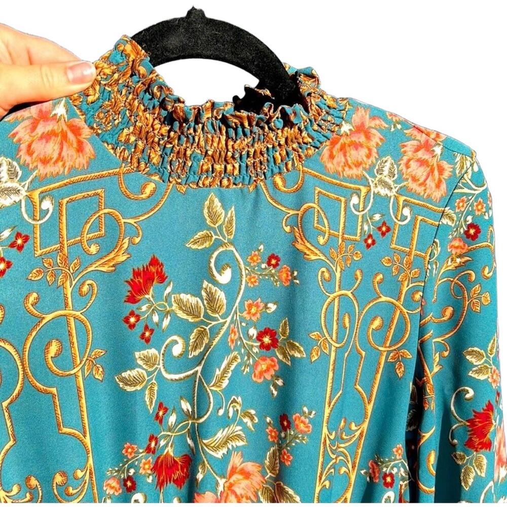 Nanette Lepore Midi Size 8 Teal Floral Print Ruffled Neck - Picture 4 of 9